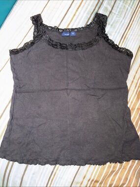 Basic Editions Black Lace-Trim Ribbed Tank Top